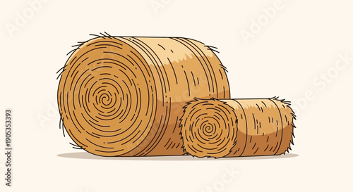 Round Hay Bales Stacked Together on a Light Background, Farm Fresh Illustration