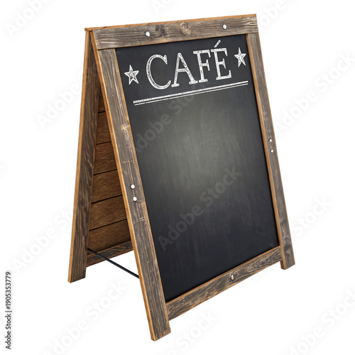 Chalkboard cafe sign with wooden frame and star accents