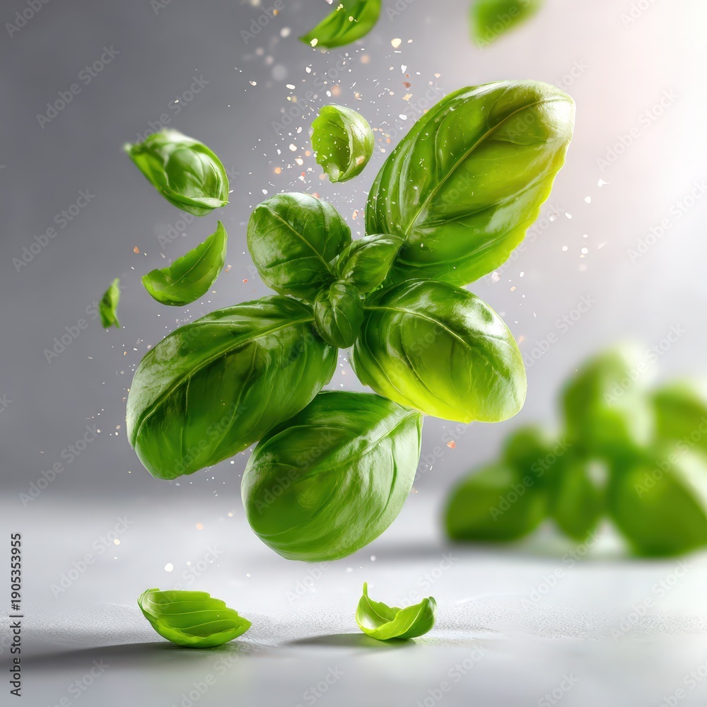Obraz premium Fresh basil leaves floating with spices seasoning