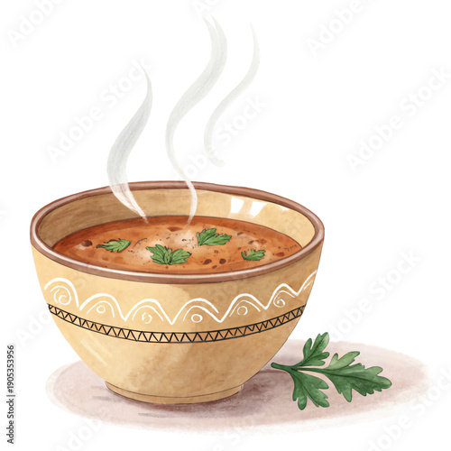 Steaming hot soup in ceramic bowl with parsley