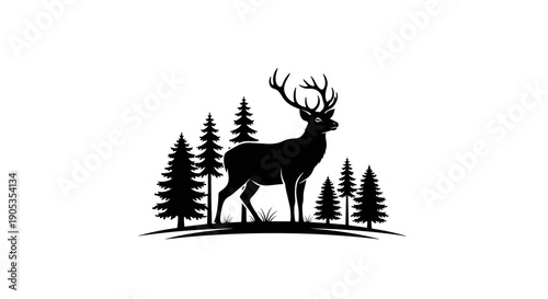 Majestic Stag Silhouette Standing Proudly Amidst Evergreen Trees.