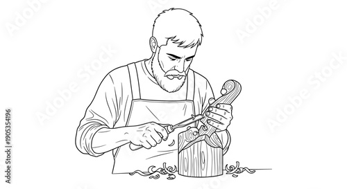 Man Carving Wood Sculpture with Precision Tool.