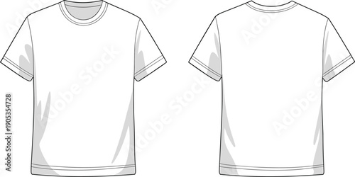 Blank t shirt technical fashion illustration with front and back views short sleeves crew neckline isolated on white background for apparel design mockup printing and branding