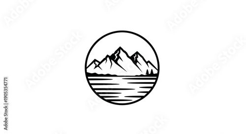 Minimalist Mountain Range Reflection in Water Circle Logo.