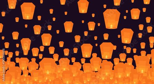 Hundreds of lanterns released into the night sky, floating above a crowd, captured from a high vantage point