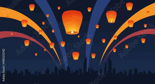 Lanterns soaring high above city skyline on a dark night with vibrant orange glow
