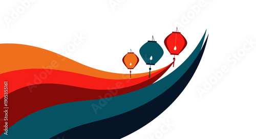 Aerial view of colorful lanterns floating above wavy lines on a white background, symbolizing cultural celebration and festive atmosphere