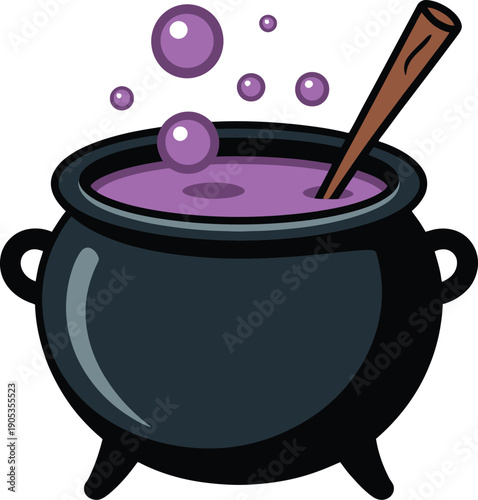 Bubbling Witch Cauldron with Wooden Stirrer and Purple Potion, Halloween Theme