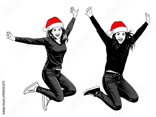 Happy young woman wear red Christmas Santa hat posing jump high