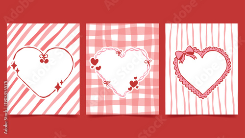heart frame card templates with valentine decorative. cute heart card templates with pink ribbons, bows, and love elements on red valentine backgrounds for romantic messages or holiday stationery