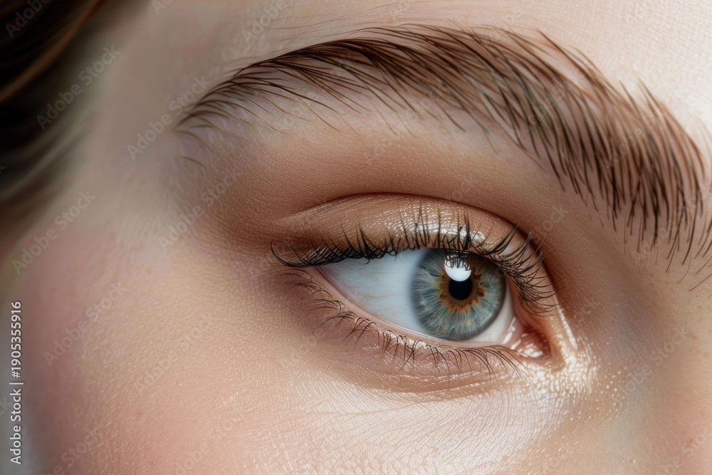 Fototapeta premium Close up of a female blue eye with perfect eyebrows and makeup, showcasing beauty and cosmetics