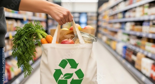 Eco-Friendly Grocery Haul: A person carries a reusable tote bag brimming with fresh groceries through a supermarket aisle, highlighting a commitment to sustainability and healthy eating.