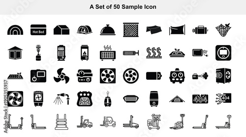 Collection of fifty thin line icons depicting various objects and transportation