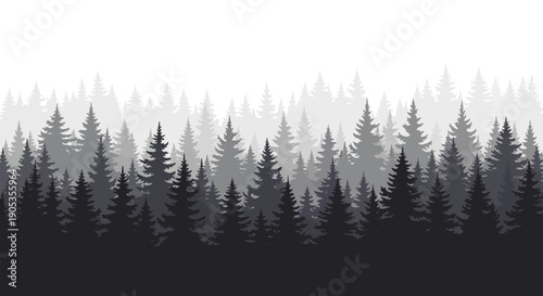 Seamless Pattern of Dense Pine Forest Silhouette in Shades of Gray and White