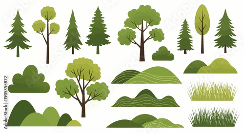 Vector Forest Elements and Landscape Silhouettes: Trees, Bushes, Hills, and Grass