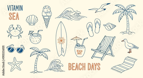 Summer Beach Vacation Icons: Sun, Sand, Sea, and Fun Holiday Activities