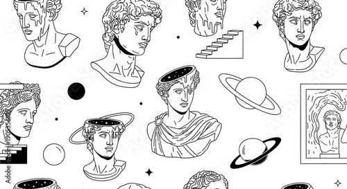 Surreal Classic Sculpture Seamless Pattern with Celestial and Architectural Elements