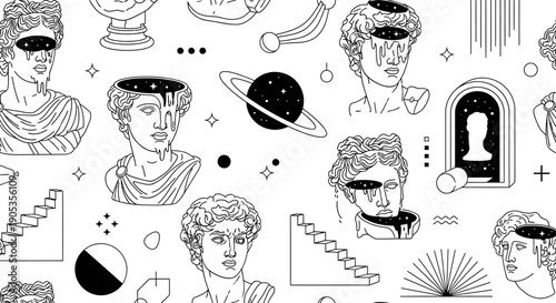 Surreal Ancient Greek Sculpture and Cosmic Elements Seamless Pattern Design
