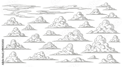 Collection of Stylized Hand-Drawn Clouds in Various Shapes and Styles