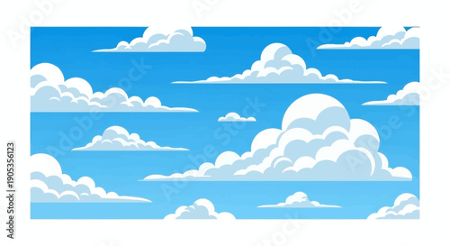 Bright Blue Sky Filled with Fluffy White Cartoon Clouds, Dynamic Summer Day