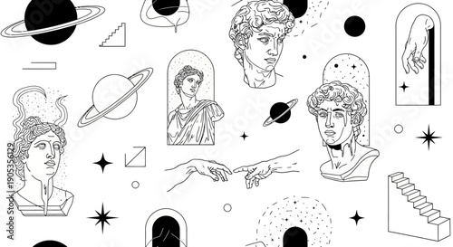 Surrealist Greek Sculpture and Cosmic Elements Seamless Pattern Vector Art