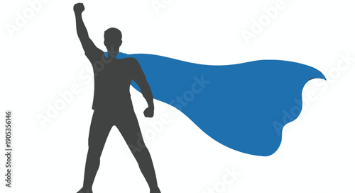Superhero Silhouette with Blue Cape Flying High, Symbolizing Power, Success and Victory