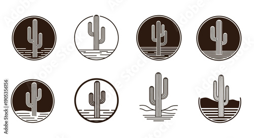 Collection of Stylized Saguaro Cactus Vector Logos on a White Background