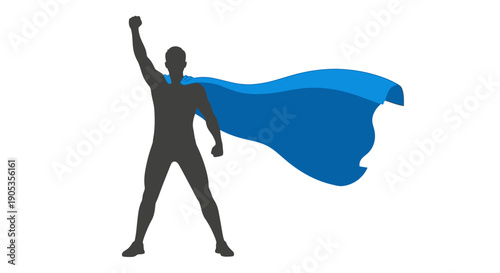 Silhouette of a Hero with a Blue Cape, Standing Victoriously with Fist Raised