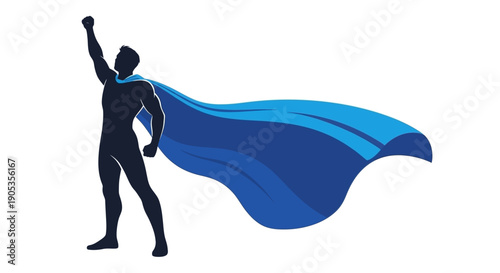 Silhouette of a Heroic Man with a Blue Cape Against a White Background, Dynamic Pose
