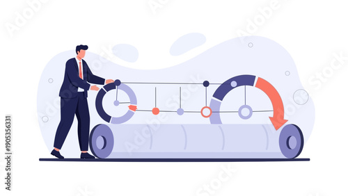 Businessman Managing Production Line Process with Circular Gauges and Arrow