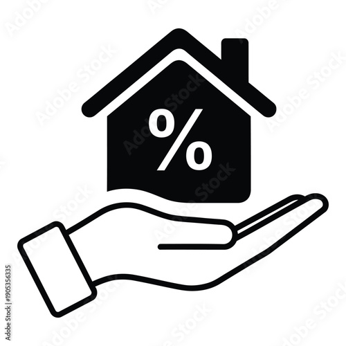 Hand holding a house with a percentage sign, representing mortgage, real estate investment, or property tax.