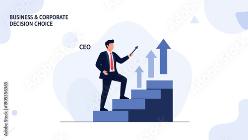 CEO Climbing Stairs of Success with Upward Arrows, Business Growth Concept