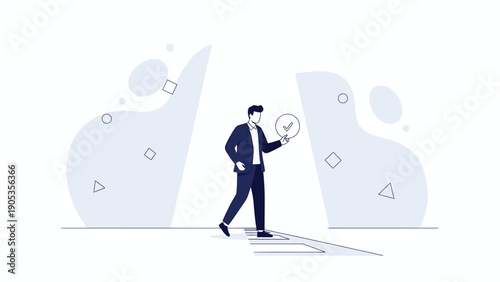 Businessman holding checkmark in abstract minimal background, illustration