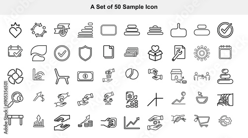 Collection of fifty simple black and white line icons arranged in a grid format