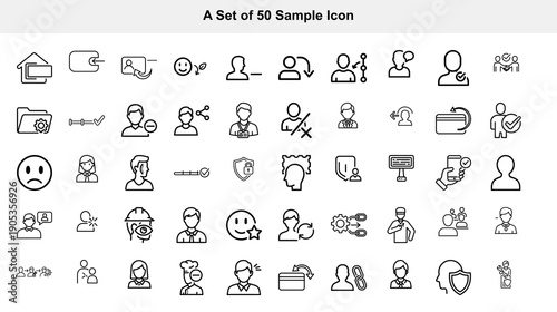 Collection of fifty black and white line icons representing people objects and actions