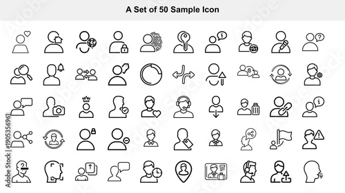 Collection of fifty simple black outline icons depicting people objects and symbols