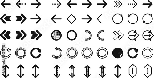 Arrow and circular navigation icons vector set with directional symbols rotation indicators and interface elements isolated on white background