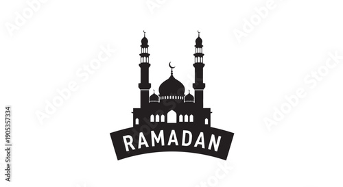 Ramadan mosque silhouette with minarets and dome on white background
