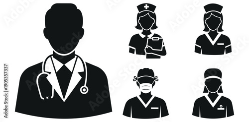 Medical staff icons doctor nurses masked professionals silhouettes Essential workers clinic roles and patient care