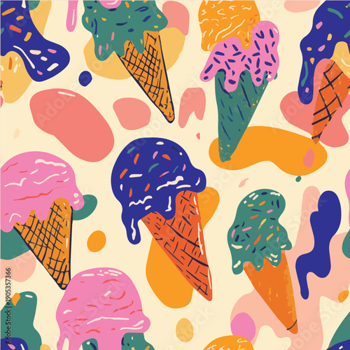 Summer bliss seamless pattern, melting ice cream cones, dripping scoops