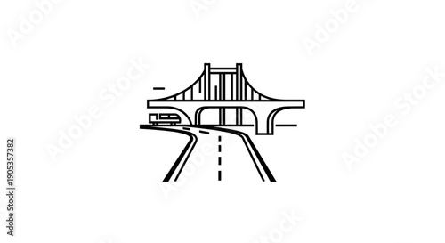 Modern Suspension Bridge Overpass with Roadway and Vehicle.