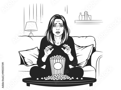 Woman Watching a Horror Movie at Home
