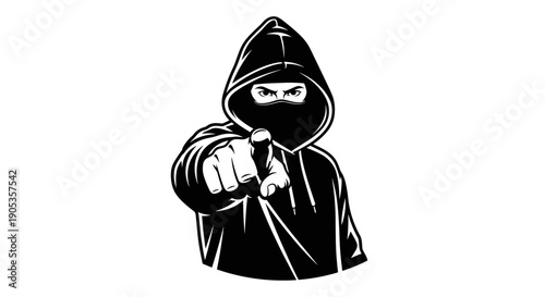 Mysterious hooded figure pointing directly at the viewer.