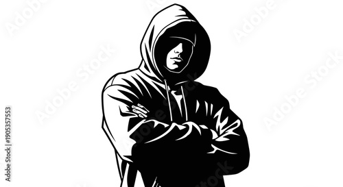 Mysterious Hooded Figure Standing Arms Crossed Silhouette.