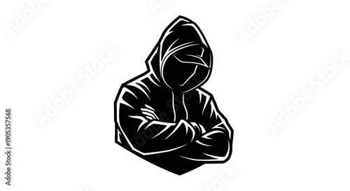 Mysterious hooded figure with arms crossed illustration.