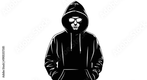 Mysterious hooded figure with glowing eyes in black and white.