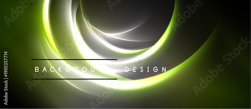 Abstract neon lines create flowing shapes. Dark background contrasts bright green, silver curves. Text reads background design.