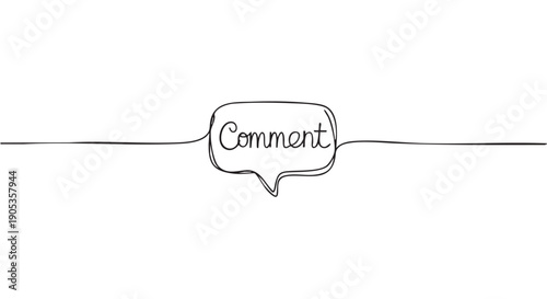 Continuous one line drawing of a speech bubble with handwritten Comment text, illustrating a concept of communication, feedback, and social media engagement
