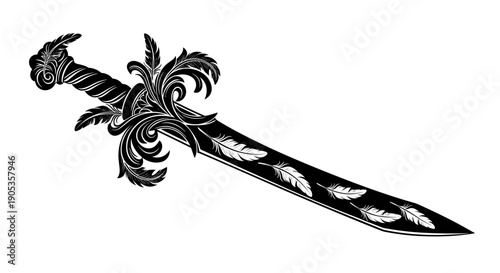 Ornate Dagger with Feather Embellishments and Scrollwork.