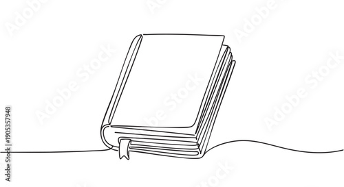 Closed book with a bookmark drawn in a continuous single line style, a minimalist black and white sketch representing education, knowledge, literature, and storytelling